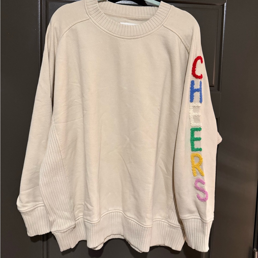 Aerie Cream Sweater with Colorful 'CHEERS' Sleeve